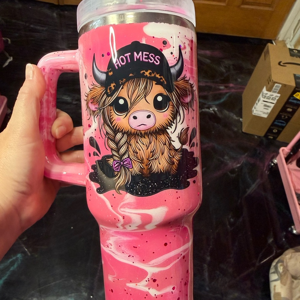 Pre-Order Custom Color 'Hot Mess' Highland Cow Travel Tumbler Handmade 40oz
